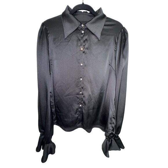 Fashion Nova Black Satin Long Sleeve Button-Up Blouse XL Goth Vampire Victorian - Picture 1 of 7